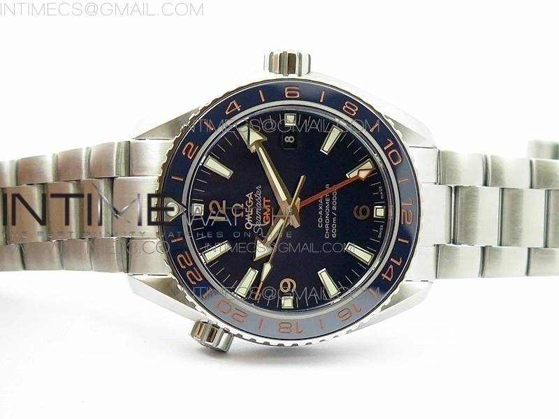 Planet Ocean 600M Co-Axial GMT 43.5mm VSF 1:1 Best Edition Blue Dial Blue Ceramic Bezel on SS Bracelet A8605 Super Clone